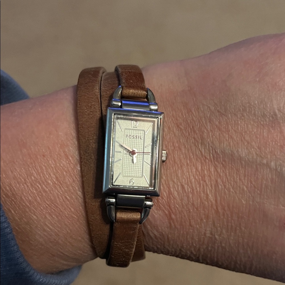 Fossil Silver Case Watch with Brown Leather Strap